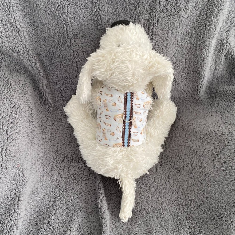 NEW- Dog HARNESS in LIGHT BLUE W- BROWN dog items in print- handmade